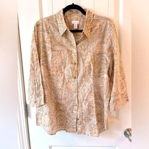 Chico's Button Down Cotton Top 3/4 Sleeve Tan Beige Paisley Size 2 12/14